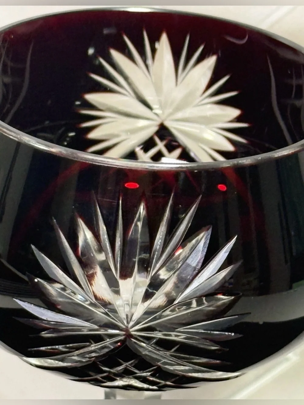 Bohemian Dark Amethyst / Red Cut to Clear Crystal Hock Wine Glass Goblet 8